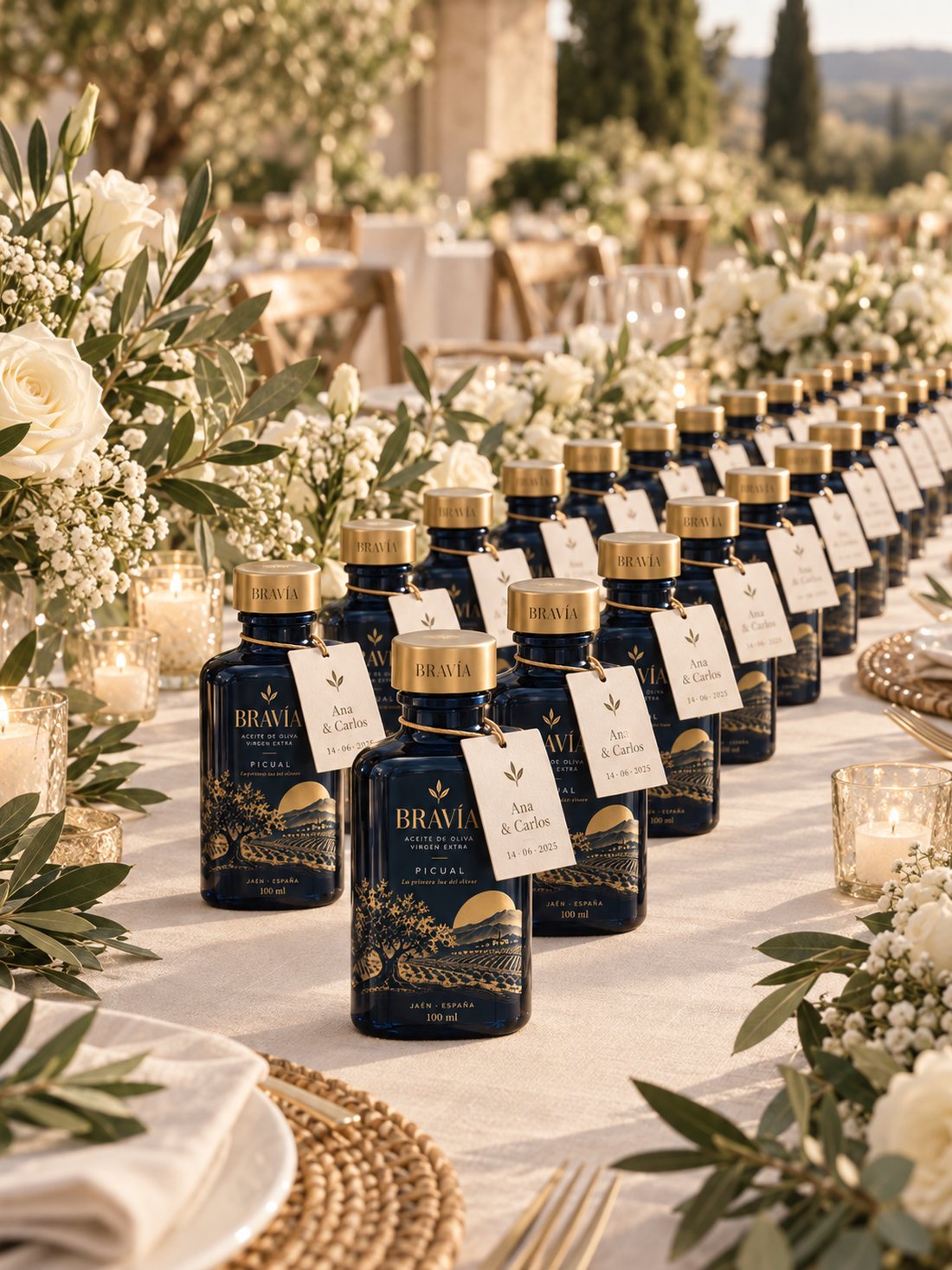 Mesa larga con botellas de Bravía personalizadas alineadas