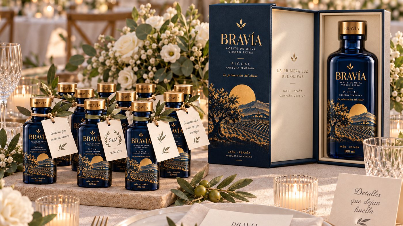Botellas individuales de Bravía junto a la botella de 500 ml en su estuche abierto