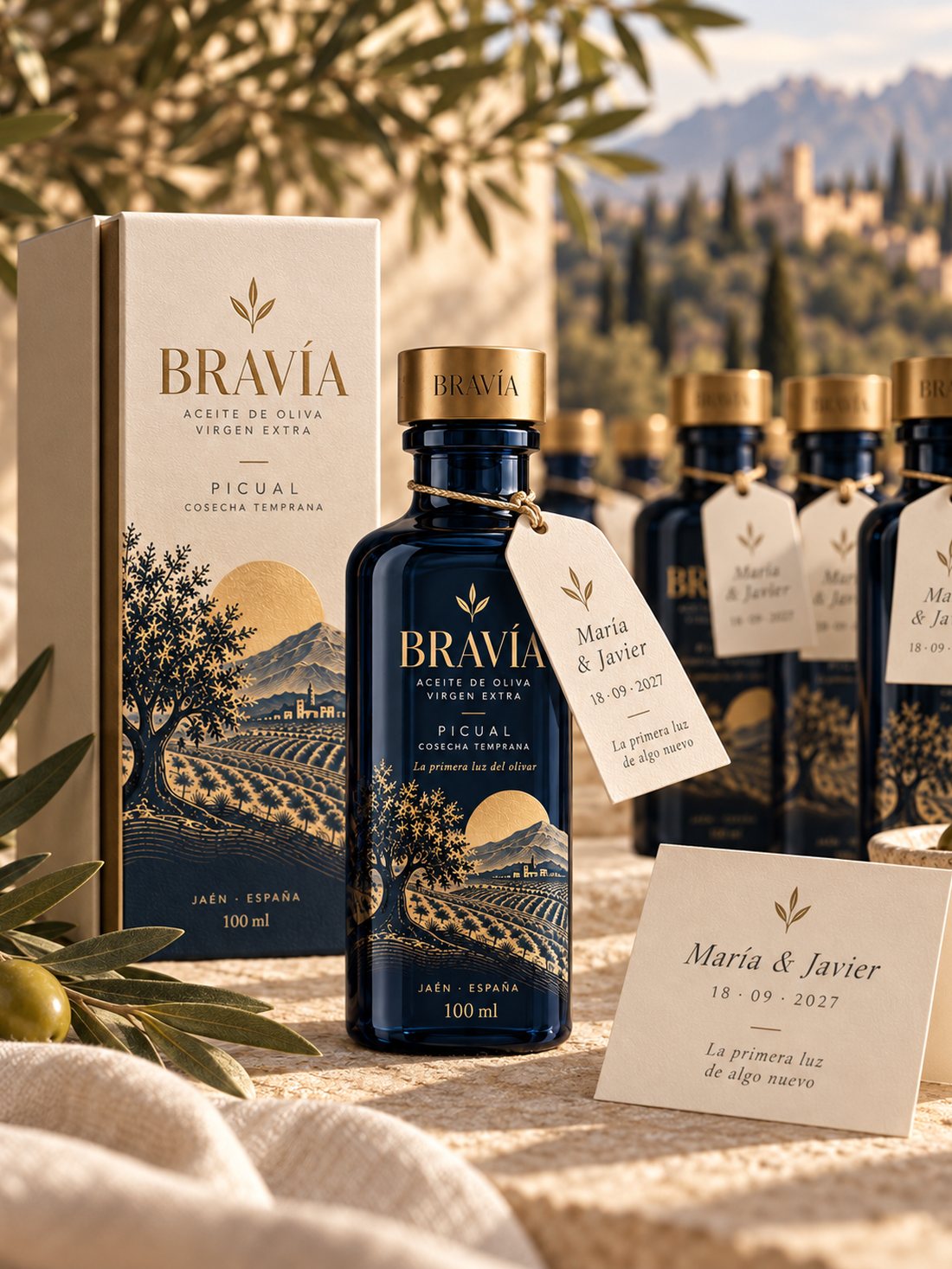 Botellas de Bravía de 100 ml con tarjetas personalizadas para una boda