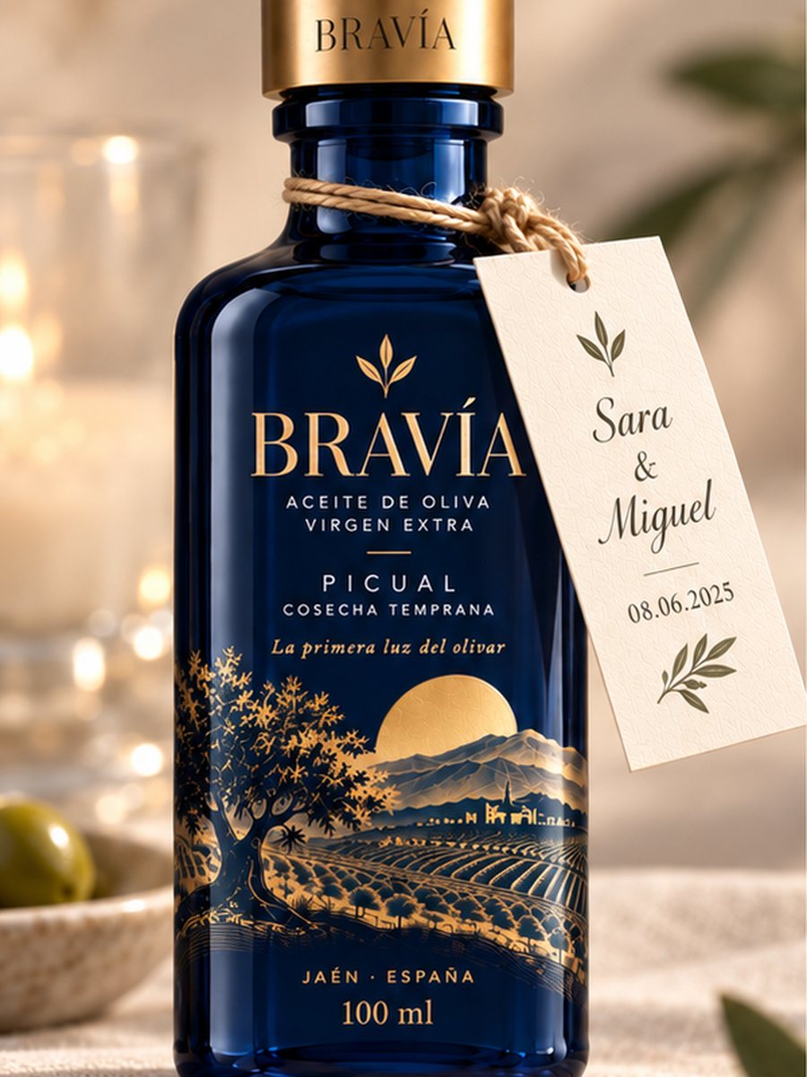 Botella individual de Bravía con su tarjeta personalizada