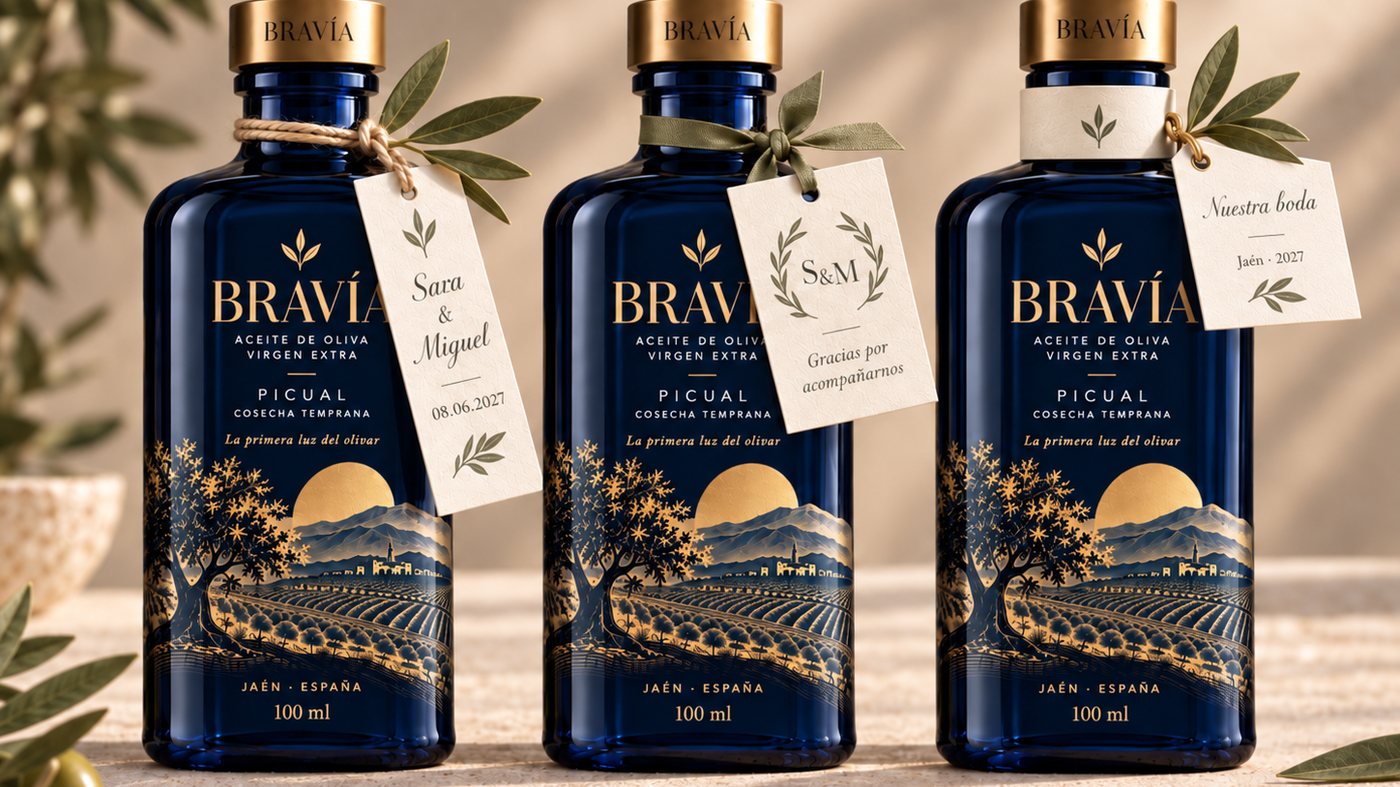 Tres botellas de Bravía con tarjetas personalizadas distintas