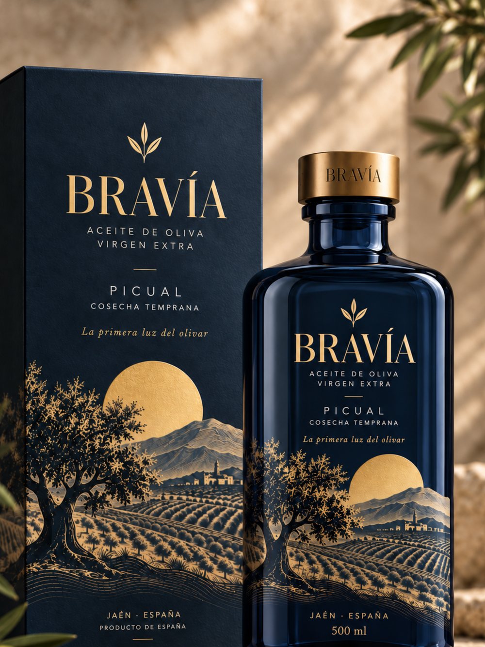 BRAVÍA, aceite de oliva virgen extra Picual de cosecha temprana, botella de 500 ml junto a su estuche de regalo