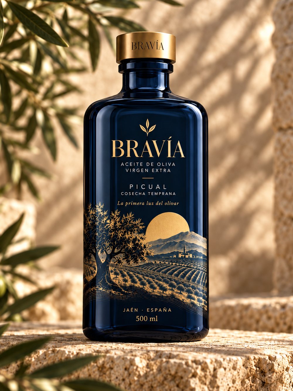 Botella de BRAVÍA, aceite de oliva virgen extra Picual de Jaén, sobre piedra con la sombra de una rama de olivo