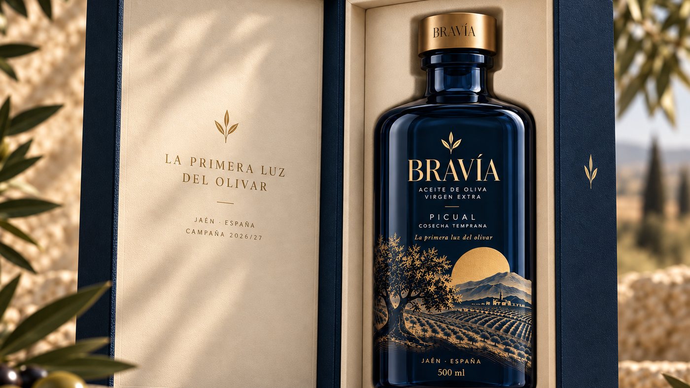 Estuche de regalo de BRAVÍA abierto, con el interior marfil y la botella de 500 ml